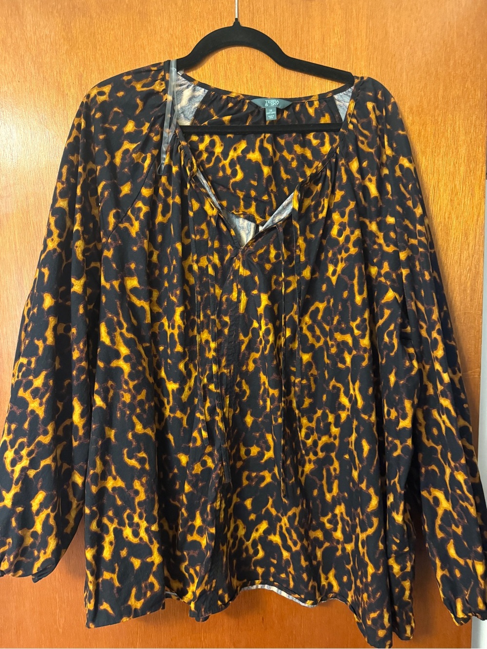 Terra & Sky Black and Gold Animal Print Peasant Blouse